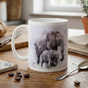 Mug Éléphant d'Afrique femelle avec veau aquarelle