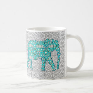 Mug Eléphant fleur Mandala - turquoise, gris & blanc
