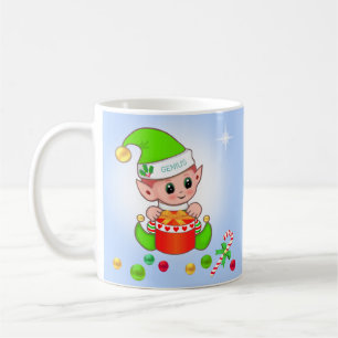 Mug elfe de Noël & boules de Noël sur bleu clair