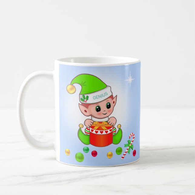 Mug elfe de Noël & boules de Noël sur bleu clair (Gauche)
