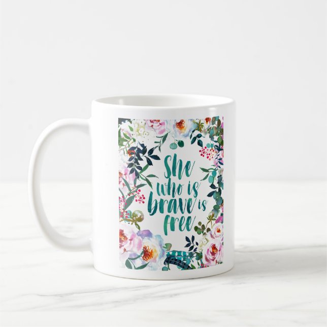 Mug Elle qui est courageuse est libre Aquarelle Floral (Gauche)