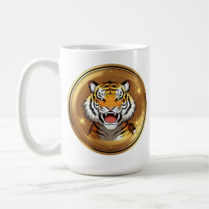 Mug Emblème de tête de tigre sur fond circulaire doré