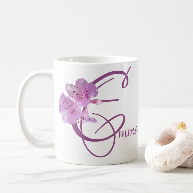 Mug Emma nom personnalisé boho rose floral (Avec donut)