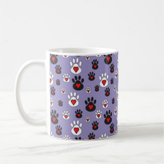 Mug Empreintes de pattes aux coeurs rouges sur bleu