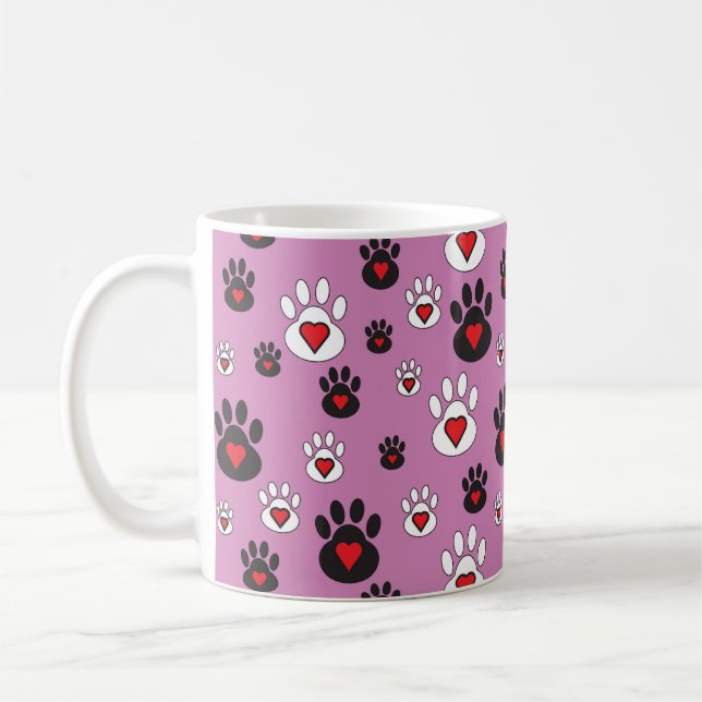 Mug Empreintes de pattes aux coeurs rouges sur rose (Gauche)