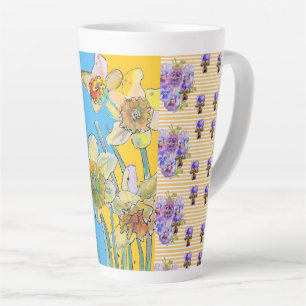 Mug en latte jaune Daffodil bleu peint à la main