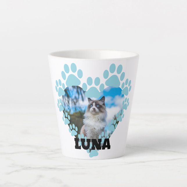 Mug en latte photo de chat personnalisé avec nom (Devant)