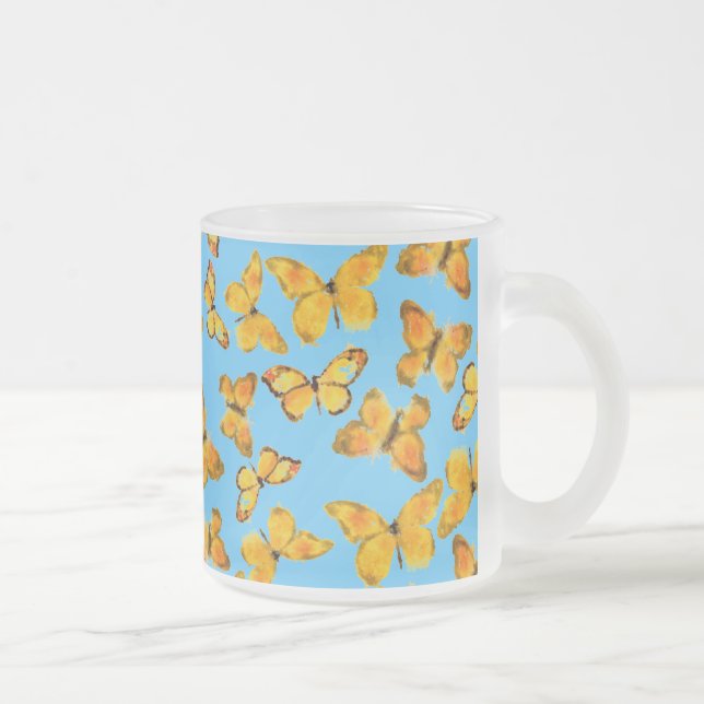 Mug en verre dépoli, Papillons d'or sur Sky Blue (Droit)