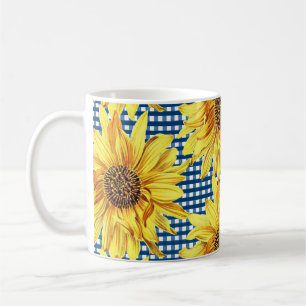 Mug En vichy bleu plaqué avec des tournesols