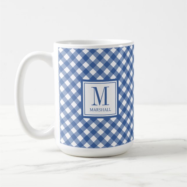 Mug en vichy Plaid Blue Nom personnalisé Anniversaire (Gauche)