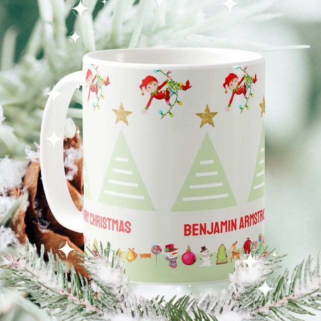 Mug Enfants Joyeux Elfs Noël Arbre d'or Star (Kids Happy Elfs Christmas Tree Gold Star Coffee Mug ©Susanne Sachers - Sunny Mind 🌞)