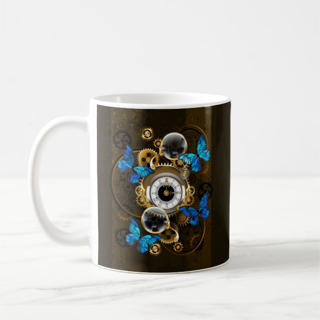 Mug Engrenages à vapeur et papillons bleus (Gauche)