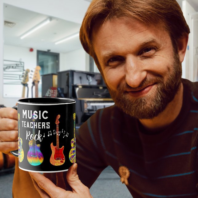 Mug Enseignants de musique Rock Merci (Music teacher rock teacher thank you gift black coffee mug with colorful guitars and musical notes)