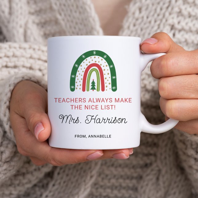Mug Enseignants de Noël personnalisés Rainbow Nice Lis (Personalized Christmas Teachers Rainbow Nice List Coffee Mug)