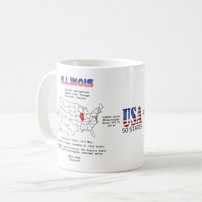 Mug Etat américain de l'Illinois sur une carte et des  (Devant gauche)