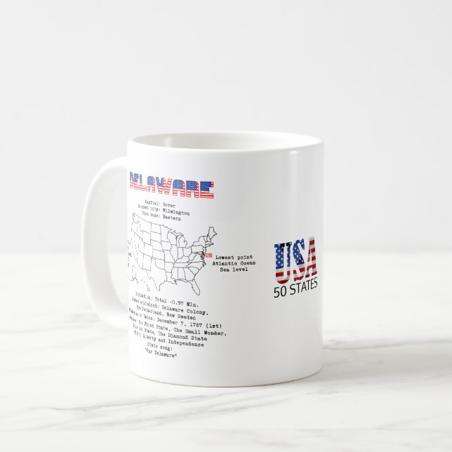 Mug État américain du Delaware sur une carte et des in (Devant gauche)