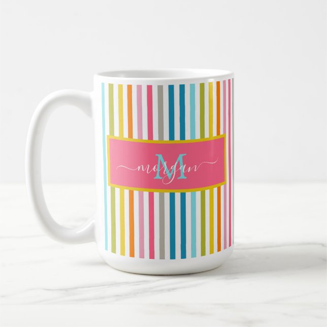 Mug Été Arc en ciel rayures Monogramme Script (Gauche)
