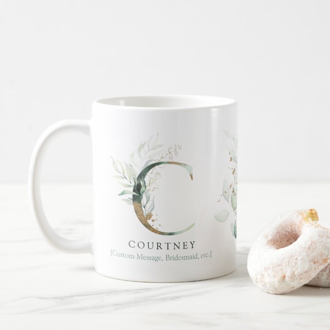 Mug Eucalyptus Gold Monogramme C initial Vert Chic (Avec donut)