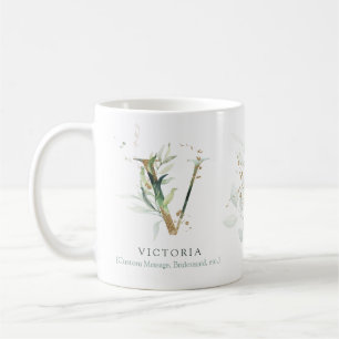Mug Eucalyptus Gold Monogramme initial V vert chic