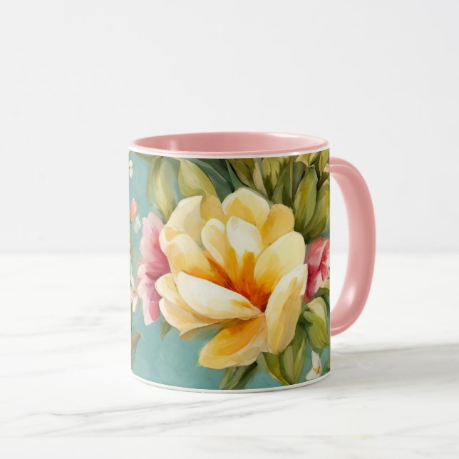 Mug Exquise rose, Magnolia Jaune aux fleurs blanches (Devant droit)
