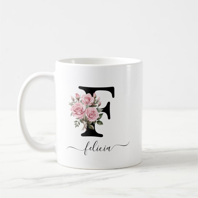 Mug F initial Roses roses rose Fleurs florales Nom du  (Gauche)