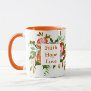 Mug Faith Hope Love orange aquarelle fleurs Monogramme