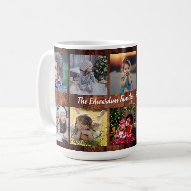 Mug Famille de bois rustique photo collage nom de fami (Devant gauche)