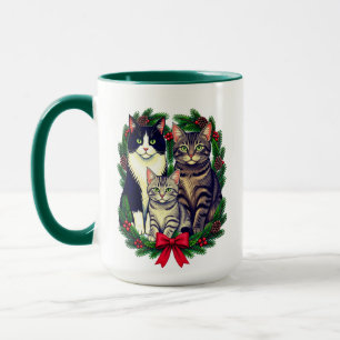 Mug Famille de chats de Noël avec couronne d'arbres ve