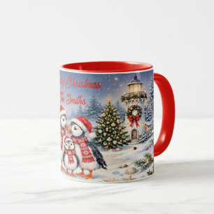 Mug Famille de macareux de Noël personnalisée à l'aqua