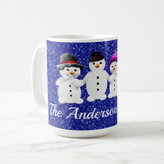 Mug Famille de quatre Snowmen Blue Sparkle Winter (Devant gauche)