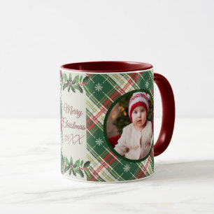 Mug Famille personnalisée Noël Blanc, Vert Plaid