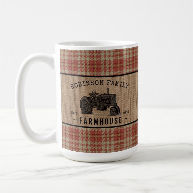 Mug Famille Tracteur Farmhouse Red Plaid Burlap Large (Gauche)