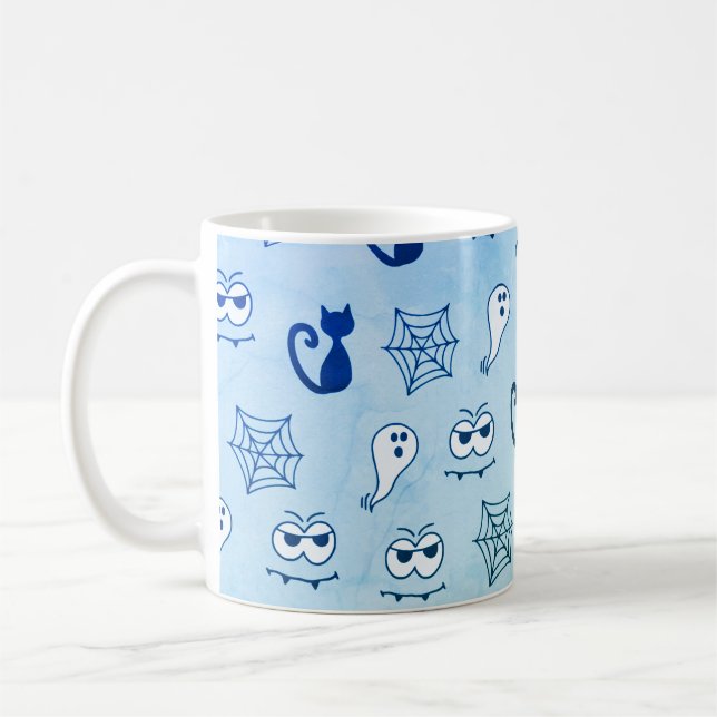 Mug Fantôme, toiles d'araignées et chats noirs bleu (Gauche)
