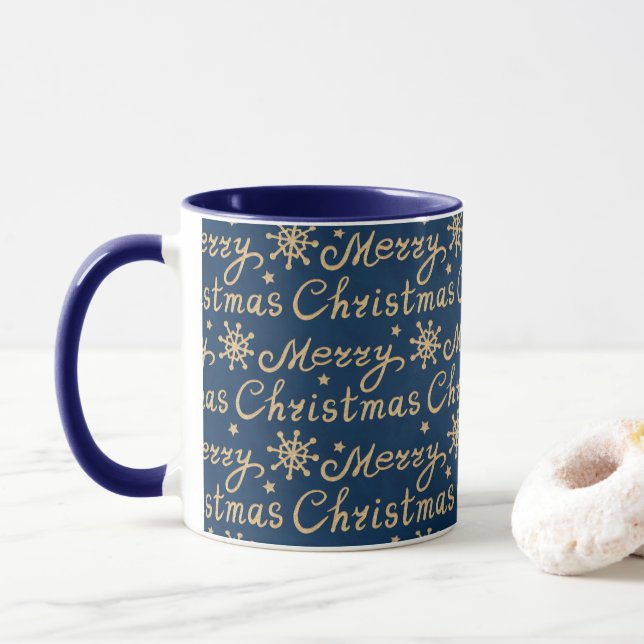 Mug Faux Gold & Navy Blue Joyeux Noël Lettres (Avec donut)