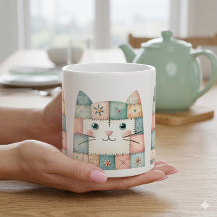 Mug Faux Patchwork Pastel Cottage Kitty Visage