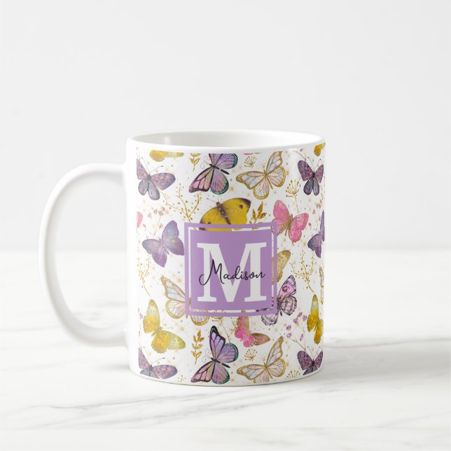 Mug Faux Whimsical Gliitter Girly Papillons Monogramme (Gauche)