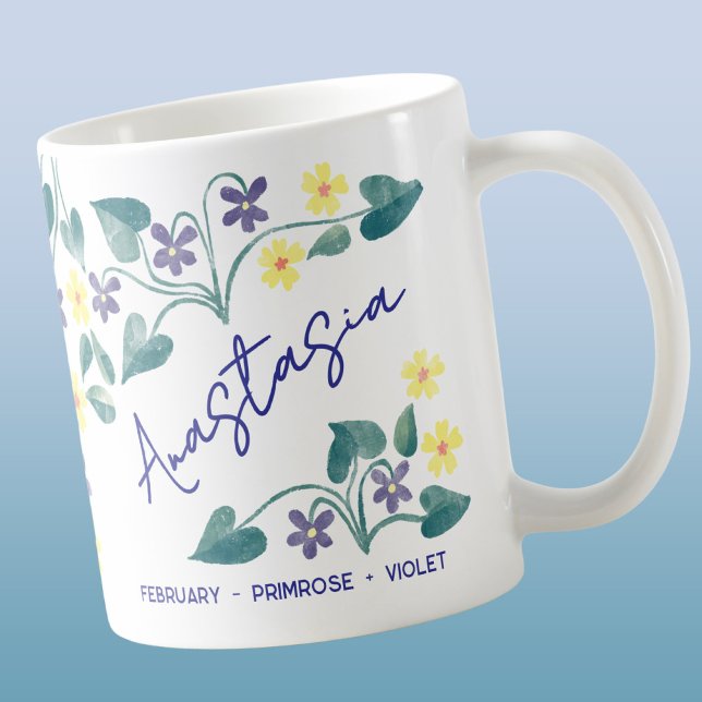 Mug February Birth Flower Custom Name Primrose Violet (February birth month flowers primrose violet personalized custom name coffee mug with watercolor art)