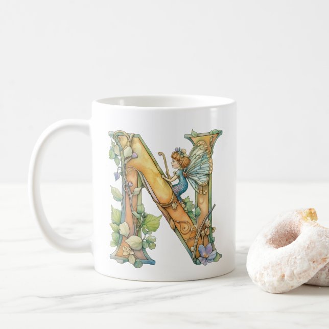 Mug Fée Arc-en-Ciel Initiale 'N' (Avec donut)