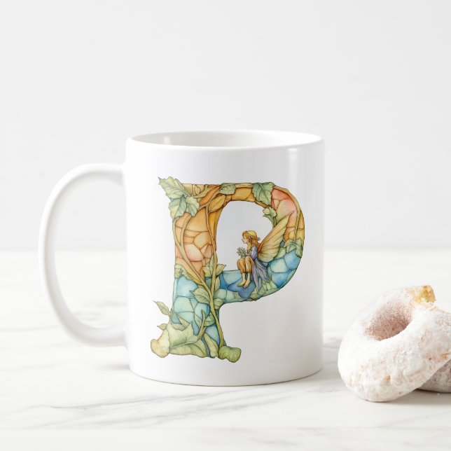 Mug Fée Arc-en-Ciel Initiale 'P' (Avec donut)