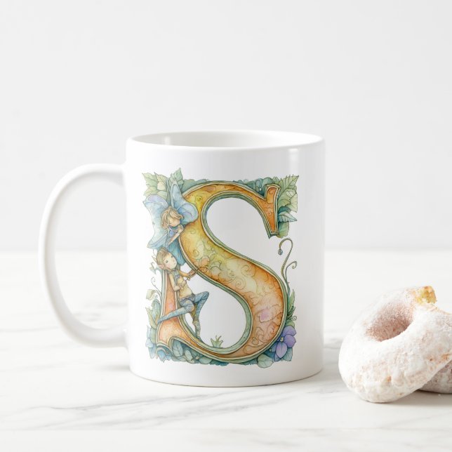 Mug Fée Arc-en-Ciel Initiale 'S' (Avec donut)