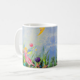 Mug Fée rose joueuse en aquarelle jaune lune