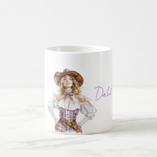 Mug Femme Blonde Chapeau Violet Haut Blanc