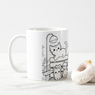 Mug Femme de chat avec ses chats sur un banc