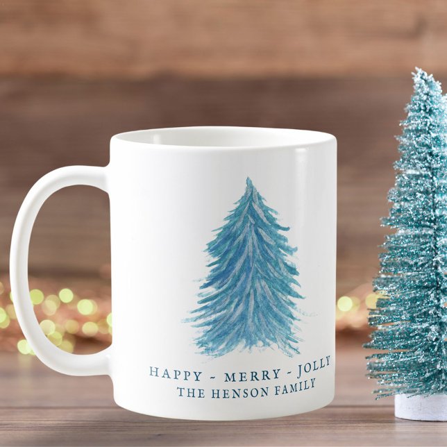 Mug Festif Bleu Arbre de Noël Aquarelle Vacances (Créateur téléchargé)