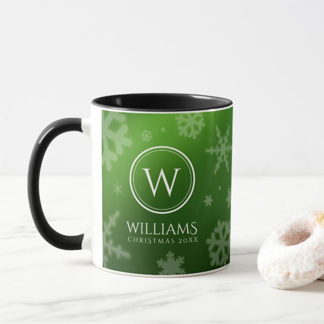 Mug Festif Green Foil Snowflakes Nom du monogramme (Avec donut)