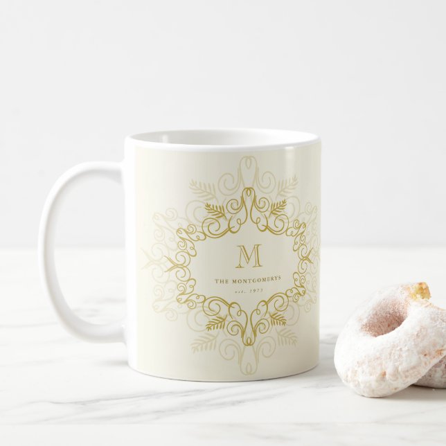 Mug Festive Foliage Art Déco Monogramme Vintage (Avec donut)