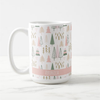 Mug Festive rose minimaliste Arbres de Noël Nom