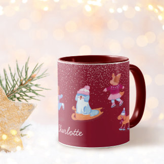 Mug Festive Winter Cute Ice Skating  Dogs Red Name