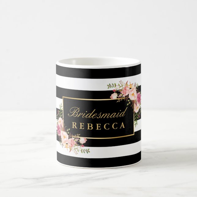 Mug Fête de l'mariée de Bridesmaid Floral Black Stripe (Centre)