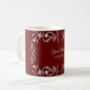 Mug Fête de mariage rouge nom floral argent vintage